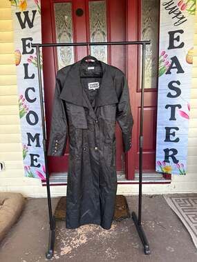 Vintage Otello Pelle Black Longline Trench Coat Jacket with Gold Buttons